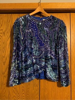 VTG 80s Black Tie He-Ro Industries Sequin Blouse 100% Silk Top Blue Green L